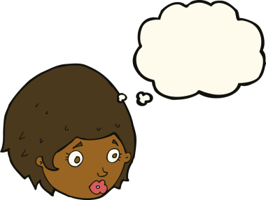 Bir insan tarafından çizilmiş düşünce baloncuğuyla ilgili endişeli bir ifadesi olan çizgi film kızı.