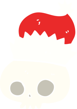 Bir insan tarafından çizilmiş bir Noel şapkası giyen kafatasının düz renk çizimi