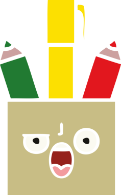 Bir insan tarafından çizilmiş bir kalem tenceresinin düz renkli retro karikatürü