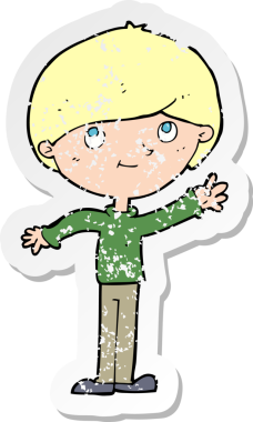 Bir insan tarafından çizilen mutlu çocuk çizgi filminin kederli retro yapıştırması.