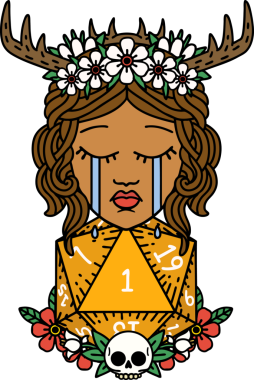 Retro Dövme Tarzı Ağlayan İnsan Druid Bir insan tarafından çizilmiş doğal bir D20 ruloyla