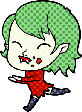 Bir insan tarafından çizilmiş yanağında kan olan vampir kız çizgi filmi.