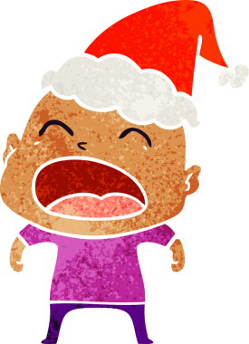 Bir insanın çizdiği Noel Baba şapkalı bağıran kel bir adamın el çizimi karikatürü.