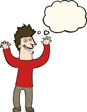 Bir insan tarafından çizilmiş düşünce baloncuğu ile heyecanlı bir adam.