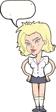 Bir insan tarafından çizilmiş konuşma balonlu elleri olan çizgi film kadını.