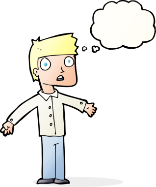 Bir insan tarafından çizilen düşünce baloncuğuyla şok olmuş bir adam.