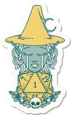 Ağlayan bir elf cadısının çıkartması. Bir insan tarafından çizilmiş doğal bir D20 rulosu.