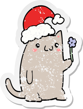 Bir insan tarafından çizilmiş şirin bir karikatür Noel kedisinin sıkıntılı çıkartması.