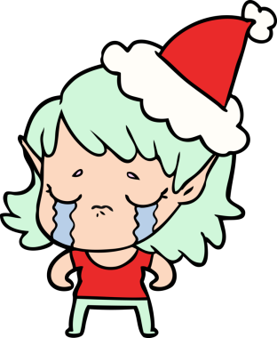 Bir insan tarafından çizilmiş Noel Baba şapkası giyen ağlayan bir elf kızı çizdi.
