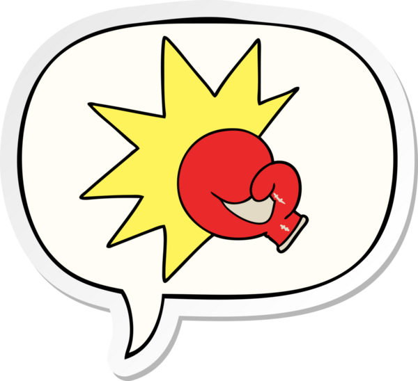 Bir insan tarafından çizilmiş konuşma balonu çıkartmalı boks eldiveni karikatürü.