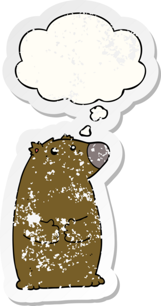 Düşünce baloncuğu olan çizgi film ayısı bir insan tarafından çizilmiş yıpranmış bir çıkartma.