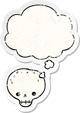 Düşünce baloncuklu karikatür kafatası bir insan tarafından çizilmiş yıpranmış bir çıkartma gibi.