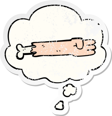 Düşünce baloncuğu olan çizgi film zombi kolu bir insan tarafından çizilmiş yıpranmış bir çıkartma.