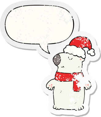 Güzel bir çizgi film Noel ayısı. Konuşma baloncuğu, bir insan tarafından çizilmiş sıkıntılı eski bir çıkartma.