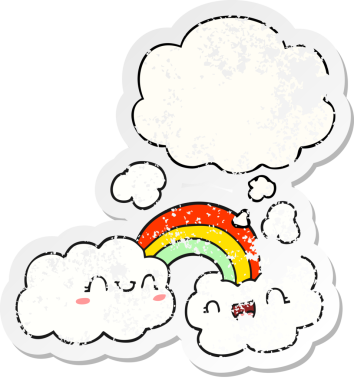 Mutlu karikatür bulutları ve gökkuşağı. Düşünce baloncuğu insan tarafından çizilmiş yıpranmış bir çıkartma gibi.