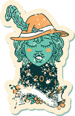 Retro Dövme Tarzı Şarkı Söyleyen Yarı Ork Ozan Bir insan tarafından çizilmiş doğal yirmi zar ile