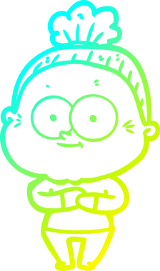 Bir insan tarafından çizilmiş, mutlu, yaşlı bir kadının çizimi.