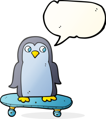 Bir insan tarafından çizilmiş serbest konuşma balonu karikatürü penguen kaykay sürüyor.