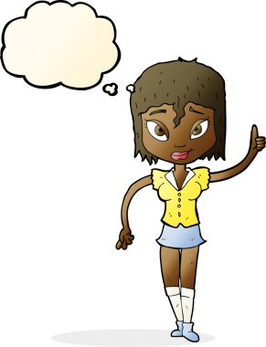 Bir insan tarafından çizilen düşünce baloncuğuyla nokta koyan çizgi film kadını.