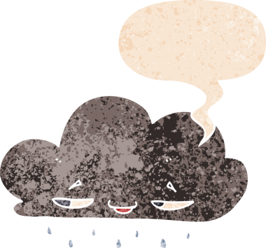 çizgi film yağmur bulutu ile konuşma balonu grunge sıkıntılı retro dokuma tarzı bir insan tarafından çizilmiş