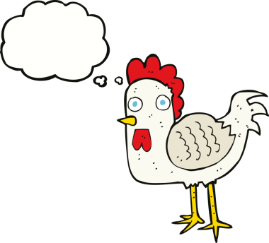 Bir insan tarafından çizilmiş düşünce balonlu çizgi film tavuğu.
