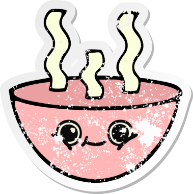 Bir insan tarafından çizilmiş sıcak çorba kasesinin hüzünlü çıkartması.