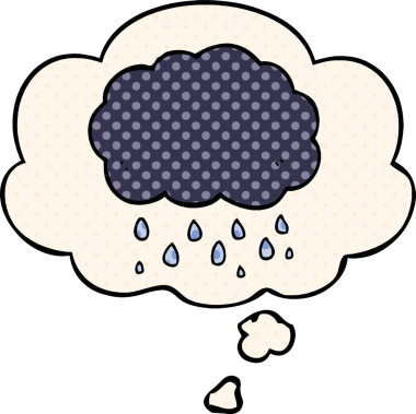 Çizgi roman tarzında bir insan tarafından çizilmiş düşünce balonuyla yağmur yağıyor.
