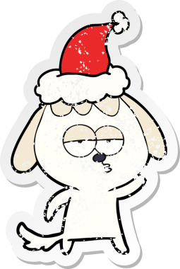 Bir insan tarafından çizilmiş Noel Baba şapkası giymiş canı sıkkın bir köpeğin el çizimi karikatürü.