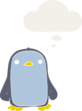 Bir insan tarafından çizilmiş düşünce baloncuğu olan sevimli penguen çizgi filmi.