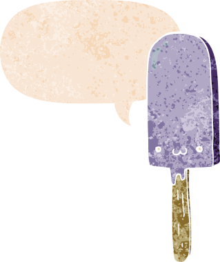 bir insan tarafından çizilmiş grunge sıkıntılı retro stil konuşma balonu ile çizgi film buz lolipopu