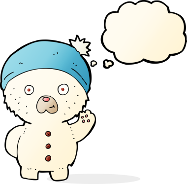 Bir insan tarafından çizilmiş düşünce baloncuğuyla kış şapkalı kutup ayısı sallayan çizgi film.