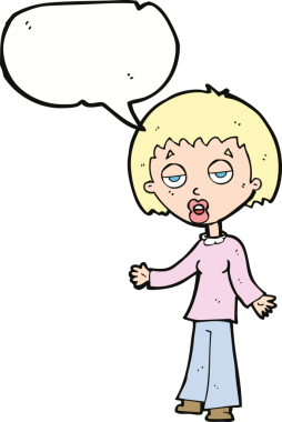 Bir insan tarafından çizilmiş konuşma balonu olan yorgun bir kadın çizgi filmi.