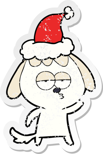 Bir insan tarafından çizilmiş Noel Baba şapkası giymiş canı sıkkın bir köpeğin el çizimi karikatürü.