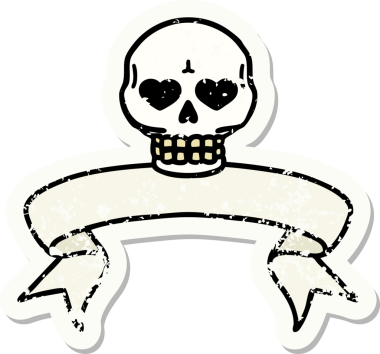 Bir insan tarafından çizilmiş kafatasının pankartıyla eski bir etiket.