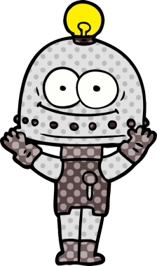 Bir insan tarafından çizilmiş ampullü mutlu karton robot.