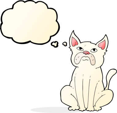 Bir insan tarafından çizilmiş düşünce baloncuğu olan huysuz küçük bir köpek.