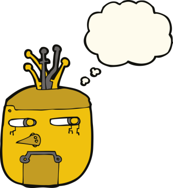 Bir insan tarafından çizilmiş düşünce baloncuklu altın robot kafası.