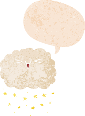 Mutlu karikatür bulutu, konuşma baloncuğu, grunge sıkıntılı retro dokuma tarzı bir insan tarafından çizilmiş.