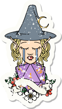 Ağlayan bir elf büyücüsü karakterinin yapışkan çıkartması. Doğal bir insan tarafından çizilmiş bir D20 ruloyla.