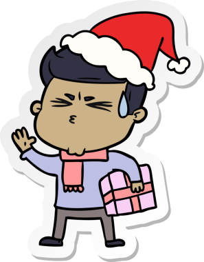 Bir insan tarafından çizilmiş, terleyen, Noel Baba şapkası takan bir adamın el yazısı.