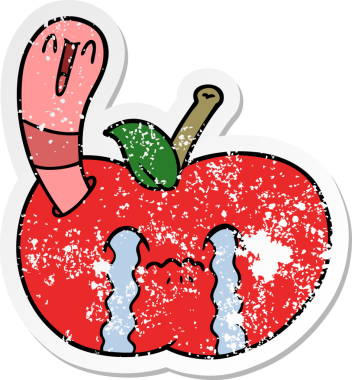 Bir insan tarafından çizilmiş elmayı yiyen bir karikatür solucanının sıkıntılı çıkartması.