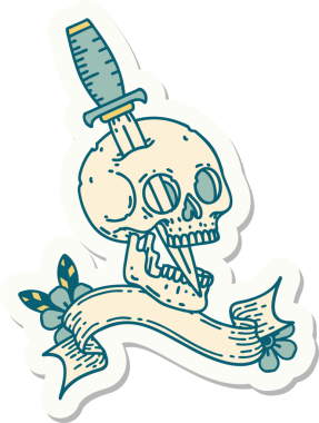 Bir insan tarafından çizilmiş kafatasının pankartıyla dövme stili etiketi