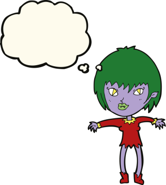 Bir insan tarafından çizilmiş düşünce balonlu vampir kız.