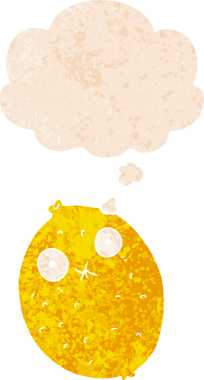 Düşünce baloncuğuyla karikatür acı limon grunge sıkıntılı retro dokuma bir insan tarafından çizilmiş