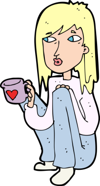 Bir insan tarafından çizilmiş bir fincan kahveyle oturan çizgi filmci kadın.