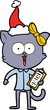 Bir insan tarafından çizilmiş Noel Baba şapkası takan bir kedinin çizimi.