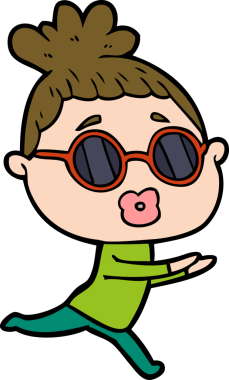 Bir insan tarafından çizilmiş güneş gözlüğü takan çizgi film kadını.