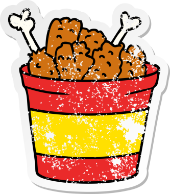 Bir insan tarafından çizilmiş bir kova kızarmış tavuk çizilmiş.