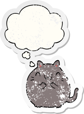 Düşünce baloncuğu olan mutlu çizgi film kedisi bir insan tarafından çizilmiş yıpranmış bir çıkartma.