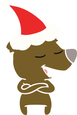 Bir insan tarafından çizilmiş Noel Baba şapkası takan bir ayının düz renkli çizimi.